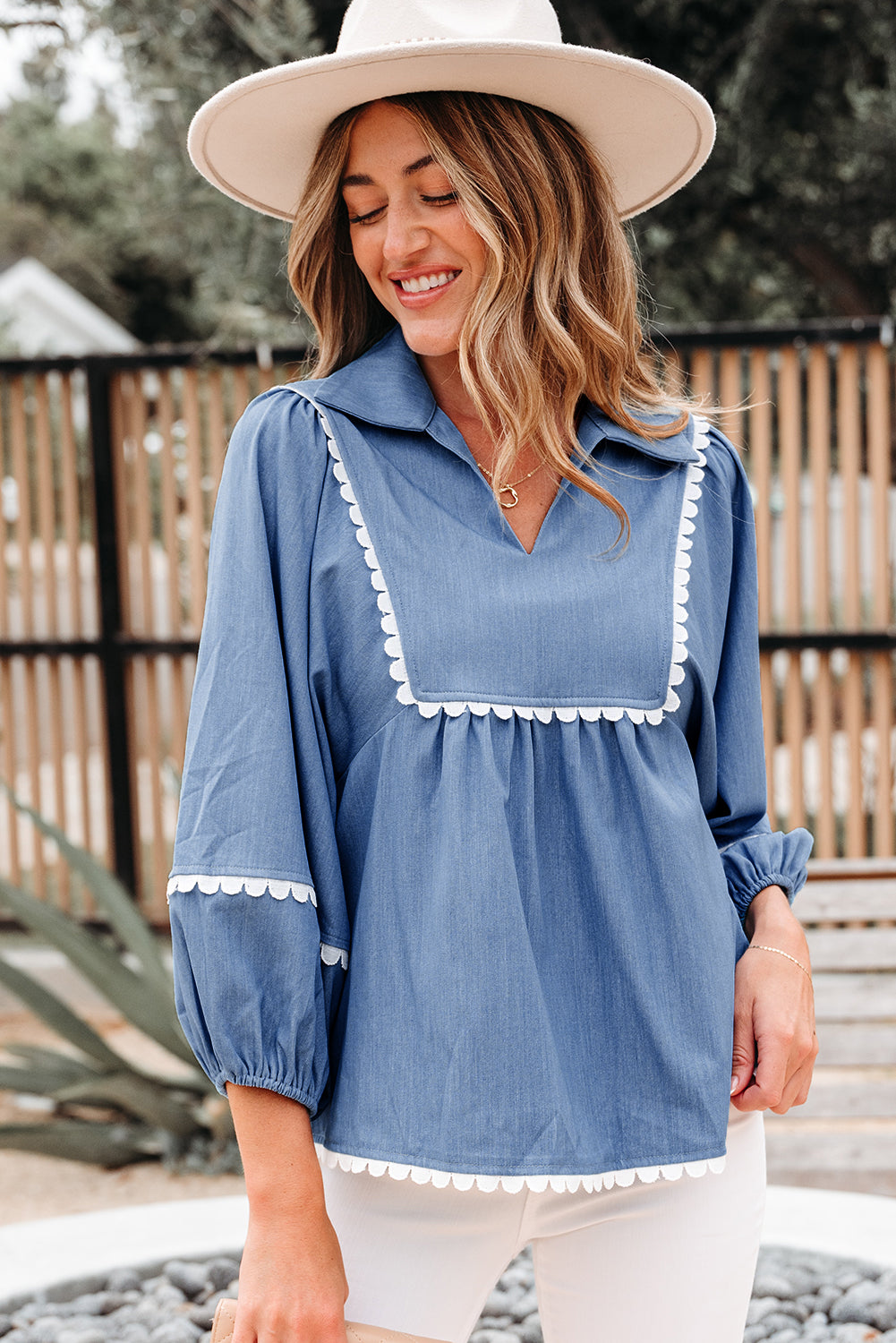 Nevaeh Lace Ric Rac 3/4 Puff Sleeve Collared Babydoll Blouse