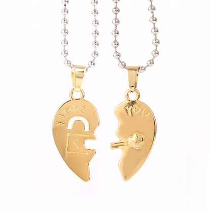 Golden Love Stitching Key Lock Pendant Round Bead Chain Necklace