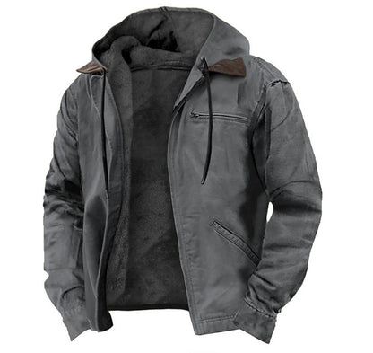 Winter Hooded Coat With Pockets Fashion Warm Fleece Zip-up Jacket Casual Outwear Men's Clothing